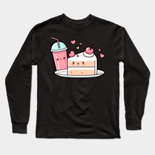 Kawaii Strawberry Cake and Drink with Hearts | Cute Kawaii Food Art for Kawaii lovers Long Sleeve T-Shirt